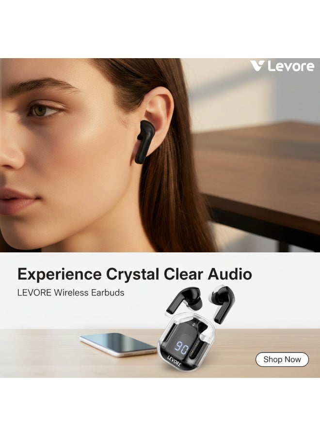 LEVORE سماعة بلوتوث TWS كريستال مع شاشة عرض LBT301 باللون الأسود - Image 5